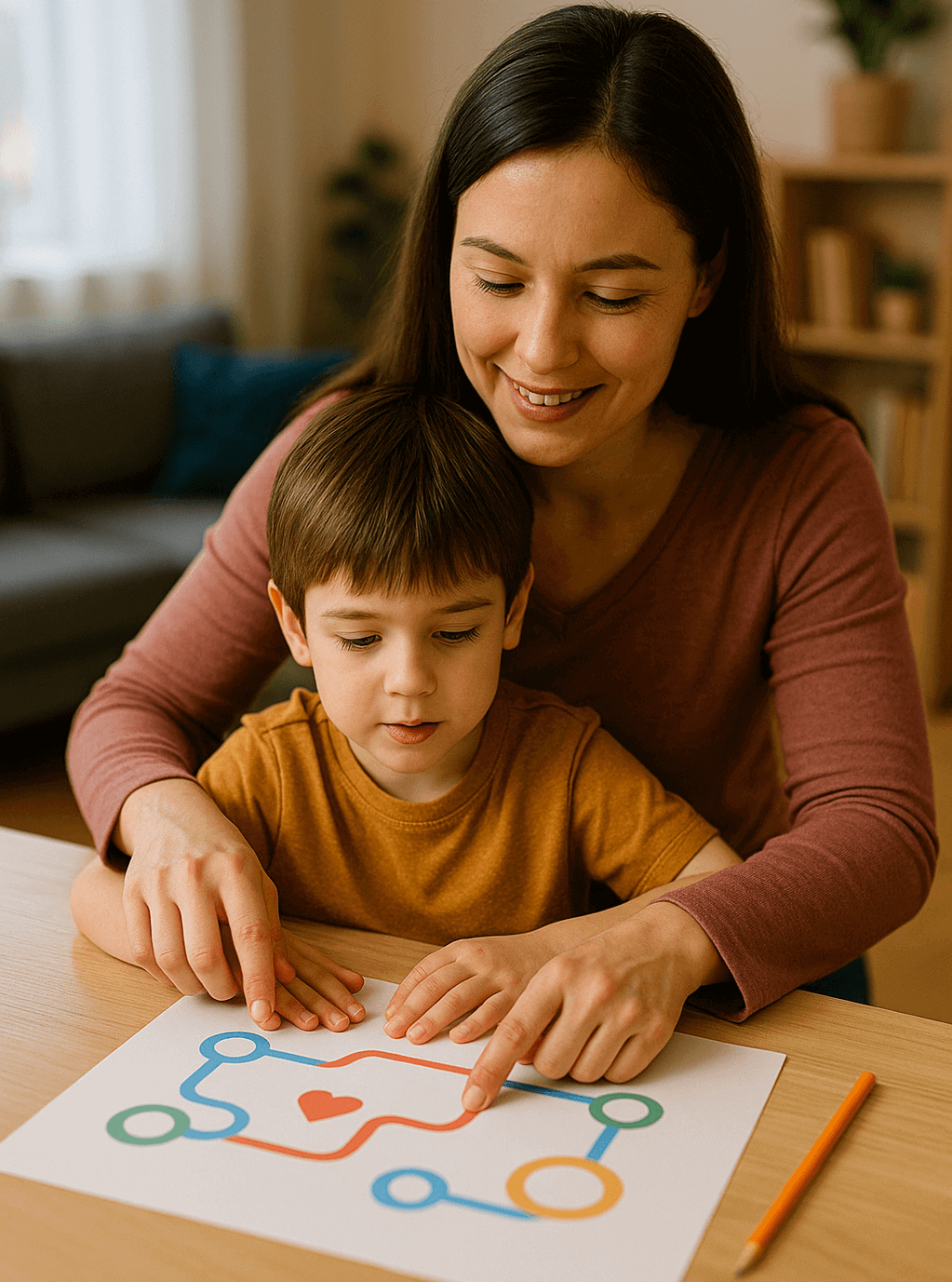 Mother helping her young son with a roadmap activity